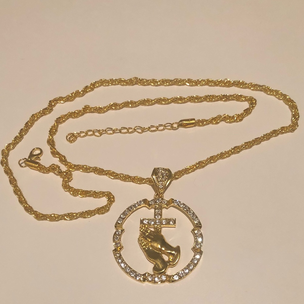 Iced Out Prayer Cross Gold Pendant Necklace - Picture 2 of 5